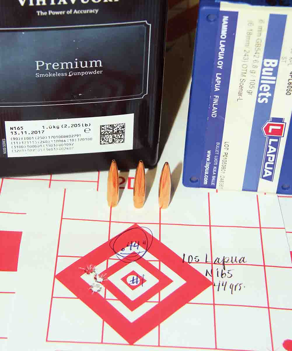 The only sub-half-inch group resulting from Lapua’s 105-grain Scenar-L was this .44-inch cluster, created by 44 grains of Vihtavuori N165 at a velocity of 2,599 fps.